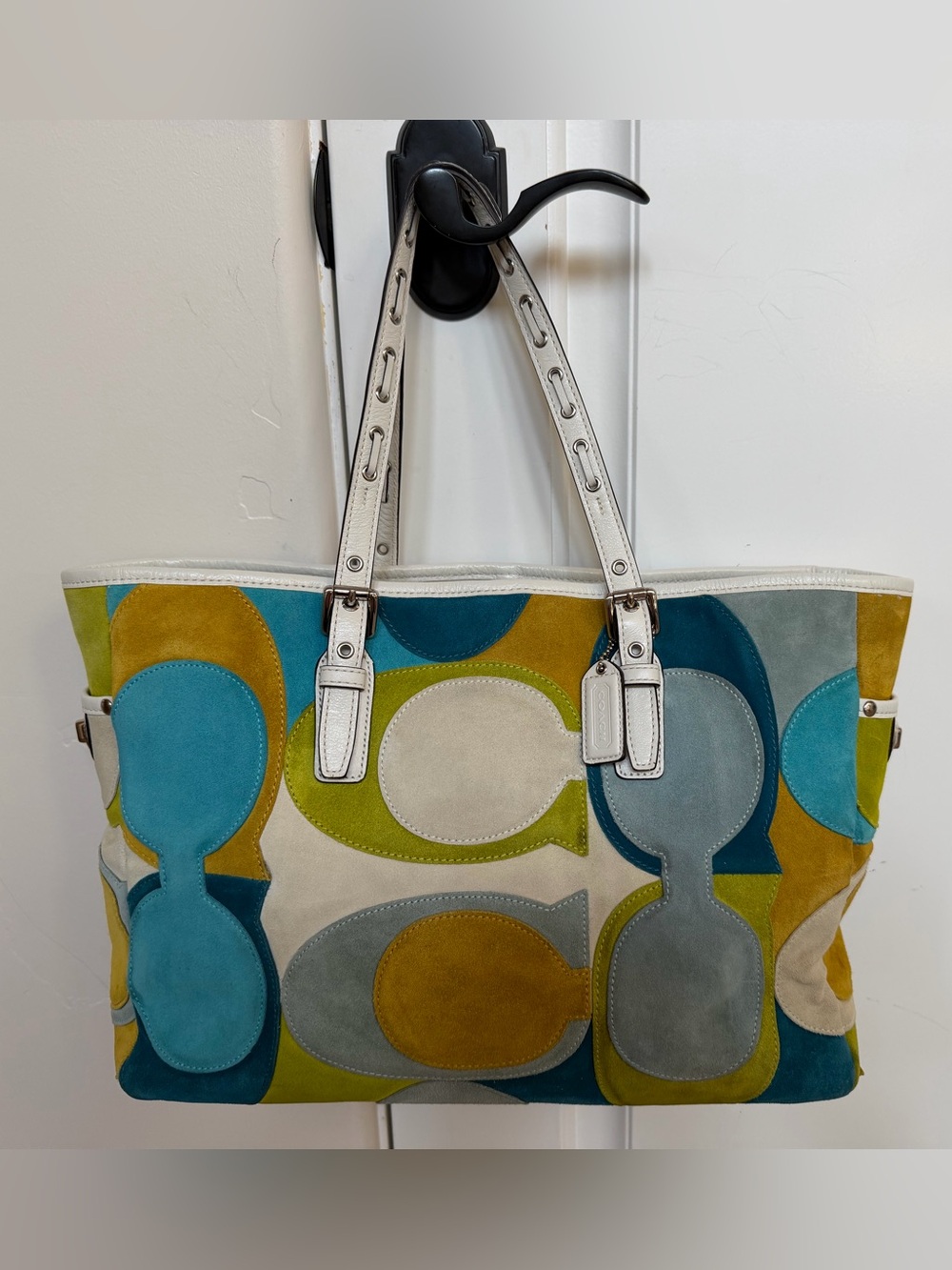 2009 Coach Limited Edition Optic Signature C Suede Gallery Tote Blue Green